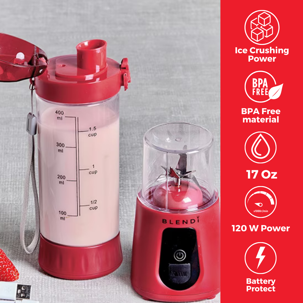 Pro+ Ice Crushing Portable Blender (17oz) Red