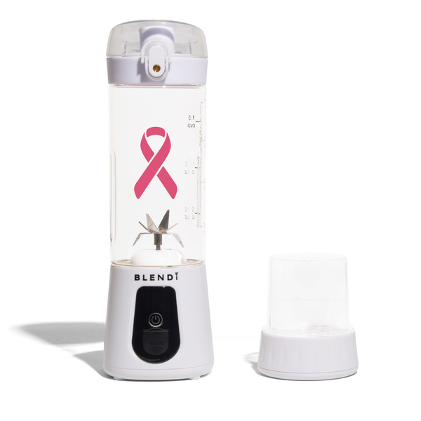 BLENDi Pro+ Breast Cancer Awareness Edition portable blender in White with pink ribbon jar