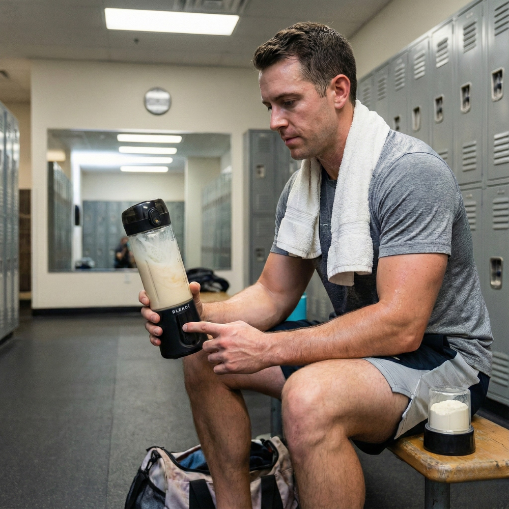 Blending a protein shake at the gym