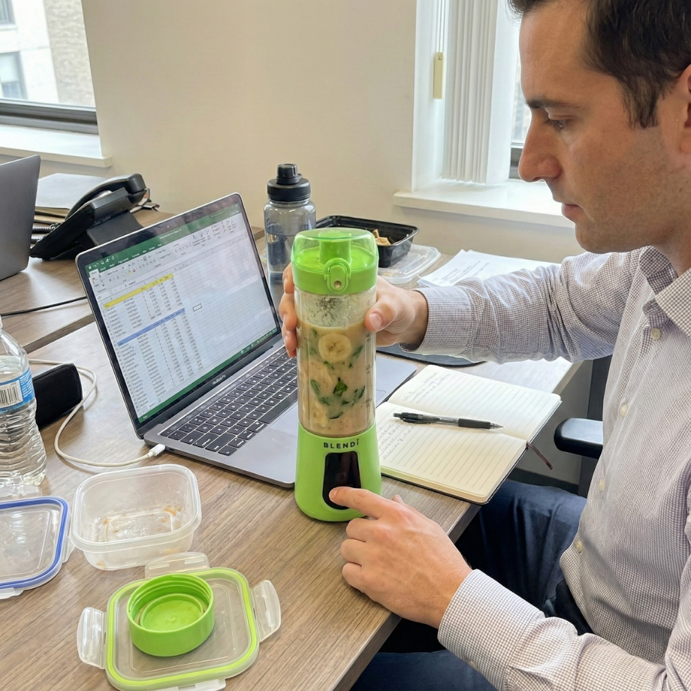 Blending a fresh smoothie at a work desk